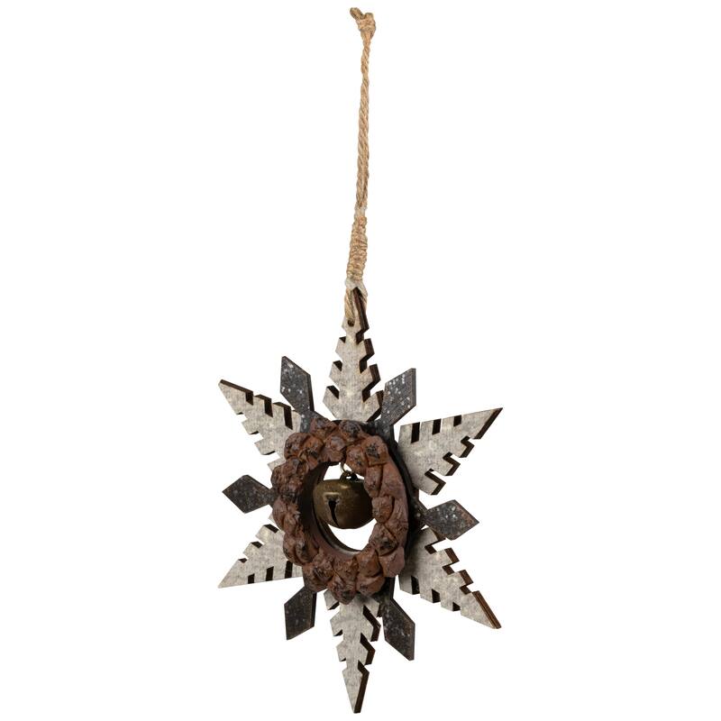 Snowflake with Jingle Bell Wooden Christmas Ornament - 6" - Brown and Beige
