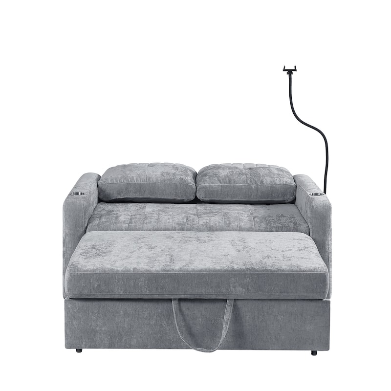 53.9" Chenille Convertible Loveseat with Pull-Out Bed, 3 USB Ports, and Smart Storage