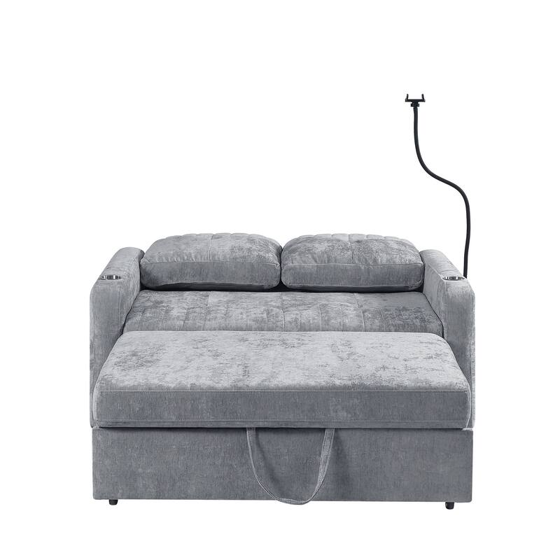 Chenille Loveseat Convertible Pull-out Sleeper Sofa Bed, Tufted Couch w2 Cup Holders Phone Holder & 3 USB Ports, Pockets