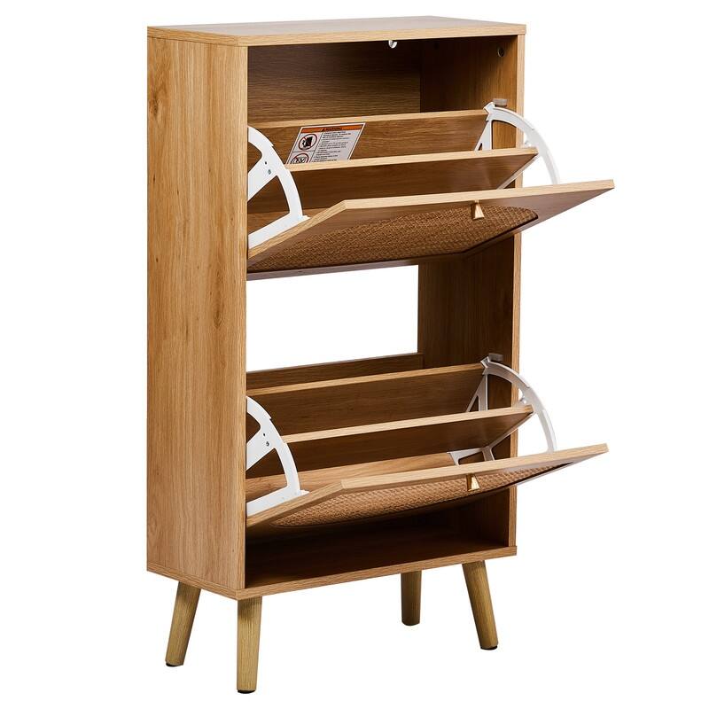 Rattan Shoe Cabinet with 2 / 4 Flip Drawers, Narrow Shoe Storage Cabinet,Organizer for Entryway, Bedroom, Living Room