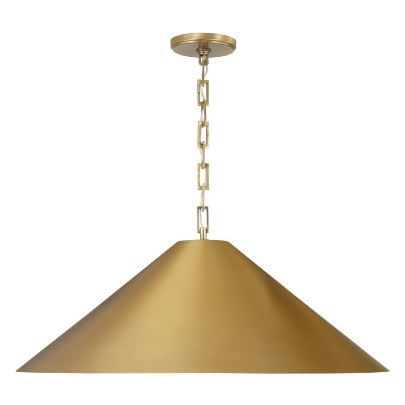 1-Light Metal Cone Pendant in Aged Brass with Painted Brass Interior and Rectangular Designer Chain - 28"W x 12.75"H