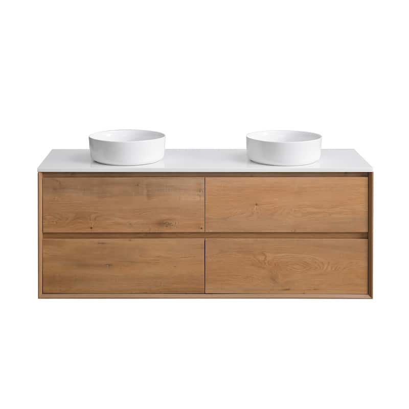 Sylphar 60 inch Toffee Oak Floating Bathroom Vanity with White Quartz Top - Round Sink Style