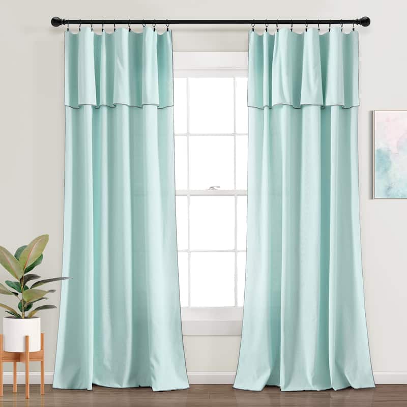 Lush Decor Modern Faux Linen Embroidered Edge With Attached Valance Window Curtain Panels Set - Blue - 84" x 52"