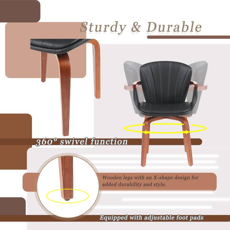 Mid Century Dining Chairs Set of 2, Modern Bentwood Swivel Faux Leather Side Chairs with Armrest for Dining Rooms, Offices