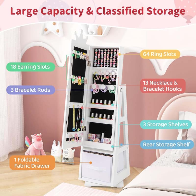 Swivel Kids Jewelry Cabinet Full Length Mirror Jewelry Armoire Shelf