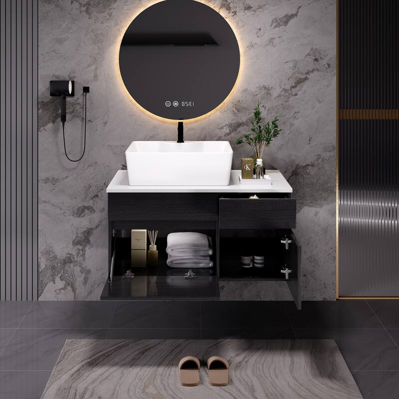 31.5" Wall-Mounted Bathroom Vanity with Ceramic Vessel Sink, High-Quality Engineered Stone, Soft-Close Storage