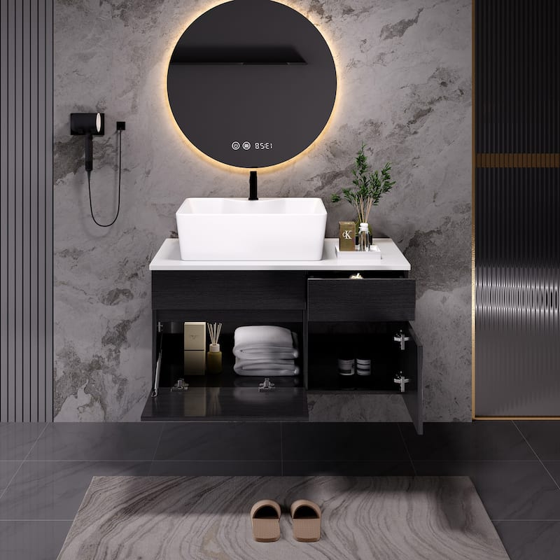 Small Floating Black Matte Bathroom Vanity with Vessel Ceramic Sink
