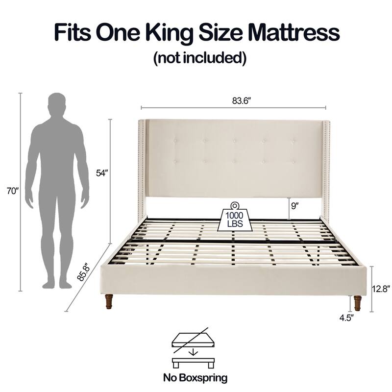 Upholstered King Bed Features a 54" High Headboard w/Buttoned Tuft