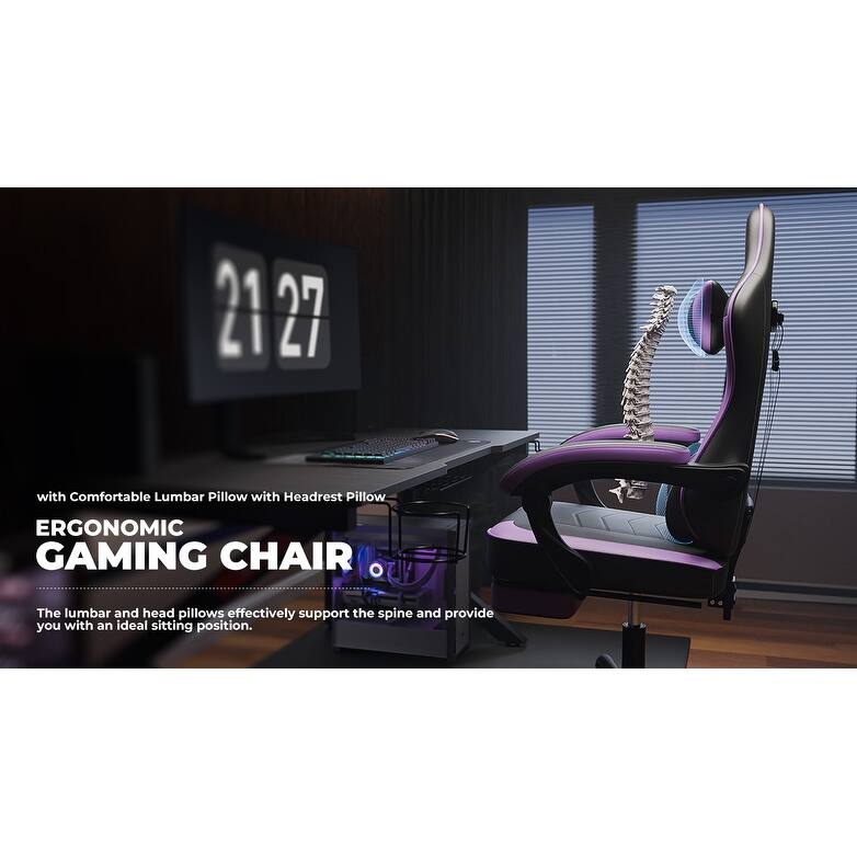 Leather Gaming Chair with Footrest, Massage Lumbar Support and 300lb Capacity