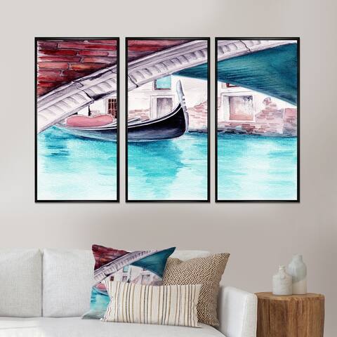 Designart "The Venetian Canal With A Floating Gondola" Lake House Framed Wall Art Set of 3 - 4 Colors of Frames