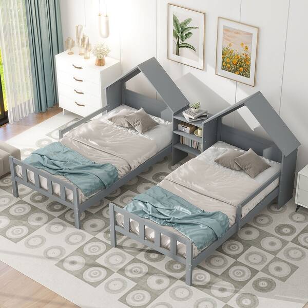 slide 2 of 28, Double Twin Size Platform Bed with Nightstand, House-Shape Headboard, Grey