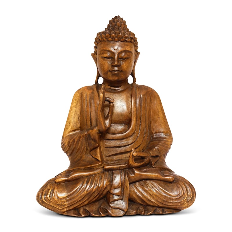Wooden Serene Sitting Buddha "Vitarka Mudra" Statue Handmade Meditating Sculpture Figurine Home Decor Accent Handcrafted Art - 8" tall x 7" wide x 3.5" deep