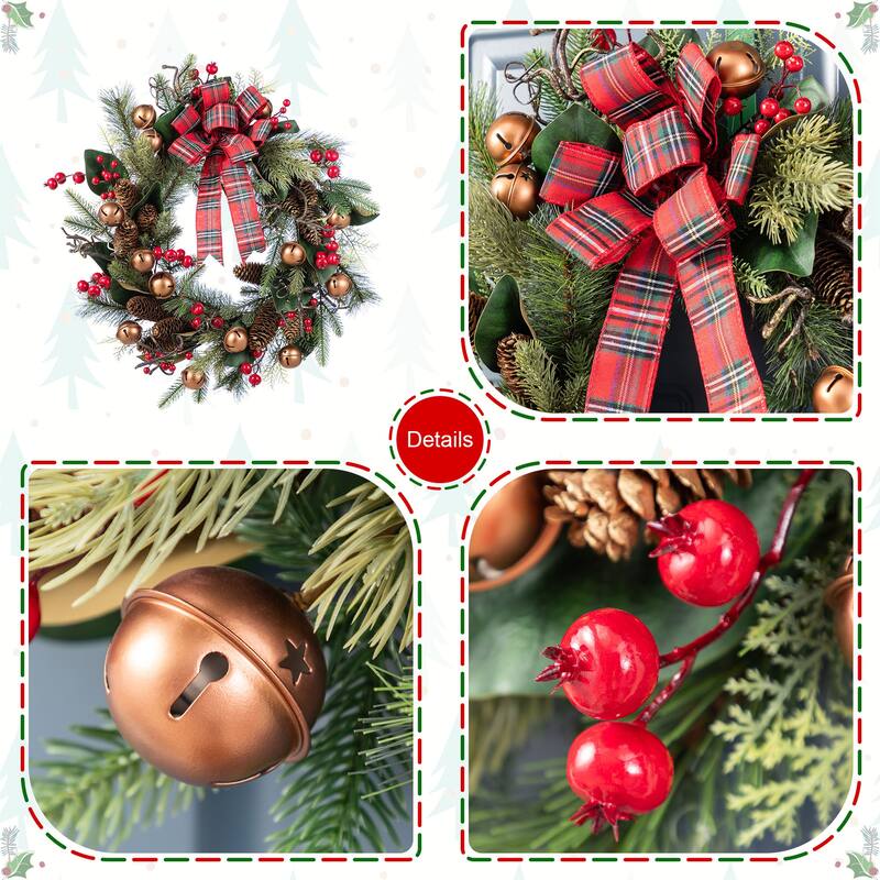 Glitzhome Christmas Bell Pinecone & Berry Bow Wreath Teardrop Garland Wall Decor