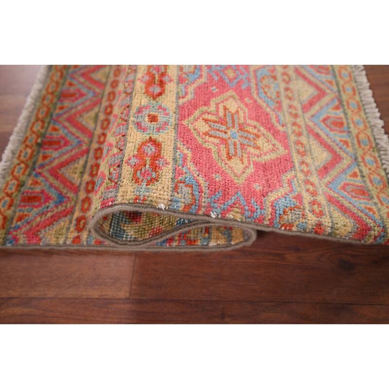 Geometric Kazak Oriental Foyer Rug Handmade Yellow Wool Carpet - 2'0" x 3'0"