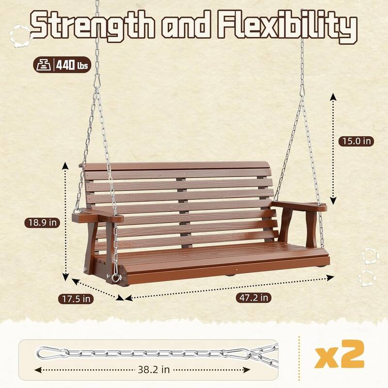 2-Seat Outdoor Wooden Porch Swing Bench with Hanging Chains & Wide Armrests & Cup Holder