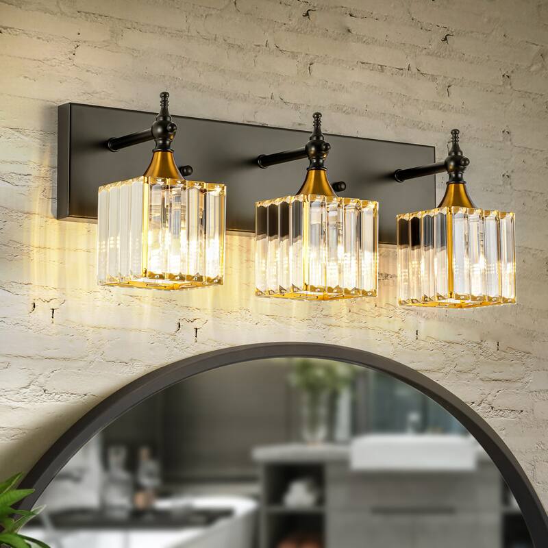 3/4-Light Modern Glam Dimmable Black Gold Crystal Bathroom Vanity Light - 3-Light