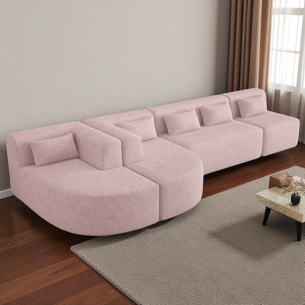 144" Modular Upholstered Sofa with 2 Curved Chaise Lounges and 5 Back Pillows, Boucle Free-Combined Couch for Living Room