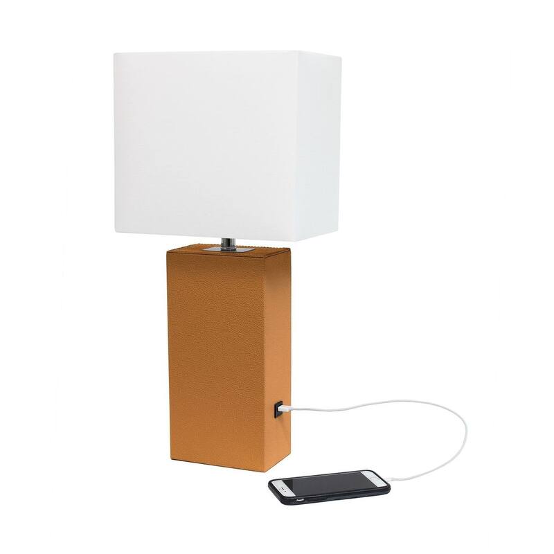 Modern Leather Table Lamp with USB and White Fabric Shade