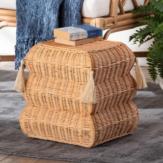 Noura Natural Rattan Footstool with Tassel Accents
