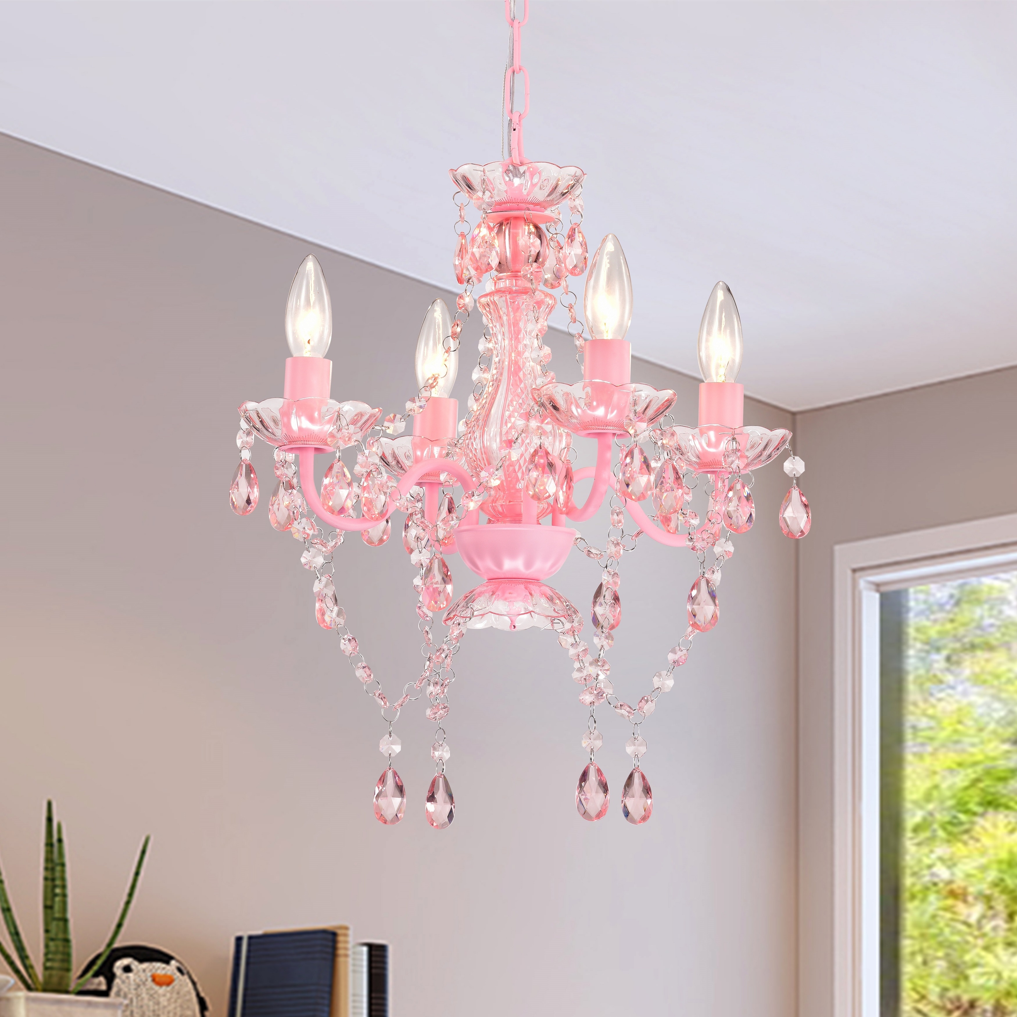 Mini Pink Chandelier with Acrylic Crystals 4-Light 15.7\, image size:3500x3500