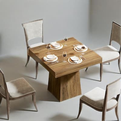 Rustic Farmhouse Square Dining Table 32 Inch Brown Wood Grain for 4 People with Heavy Duty Pedestal Base