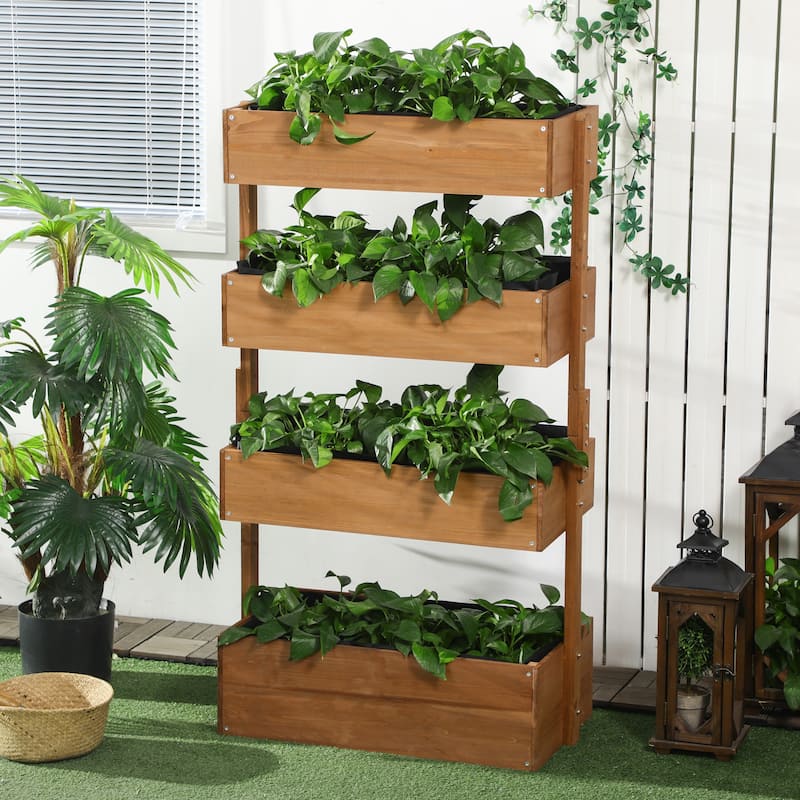 Vertical Garden Planter Wooden 4 Tier Planter Box Village Garden Beds with Non-Woven Fabric and Self-Draining for Outdoor