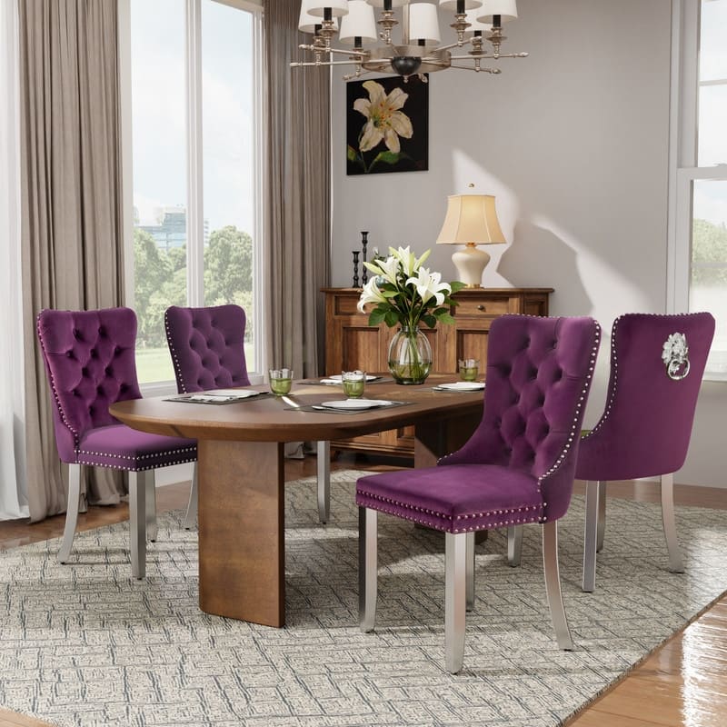 High-end Tufted Velvet Upholstered Nailhead Dining Chair Set of 4 - Purple Sliver