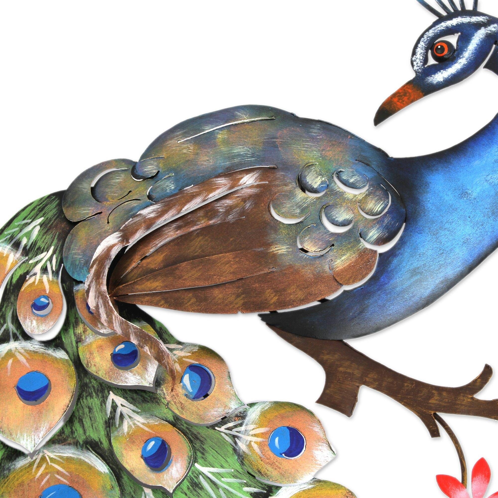 Steel wall sculpture, 'Peacock and Flowers' - Overstock - 32813229