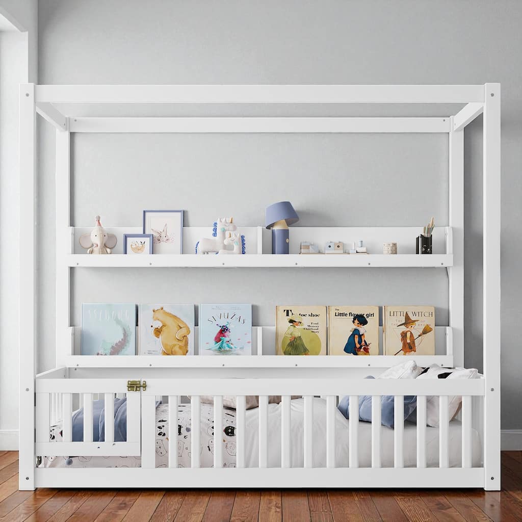Twin/Full Size Montessori Floor Bed with Canopy and Guardrails, Solid Wood Kids Bed Frame with Shelves, No Box Spring Needed