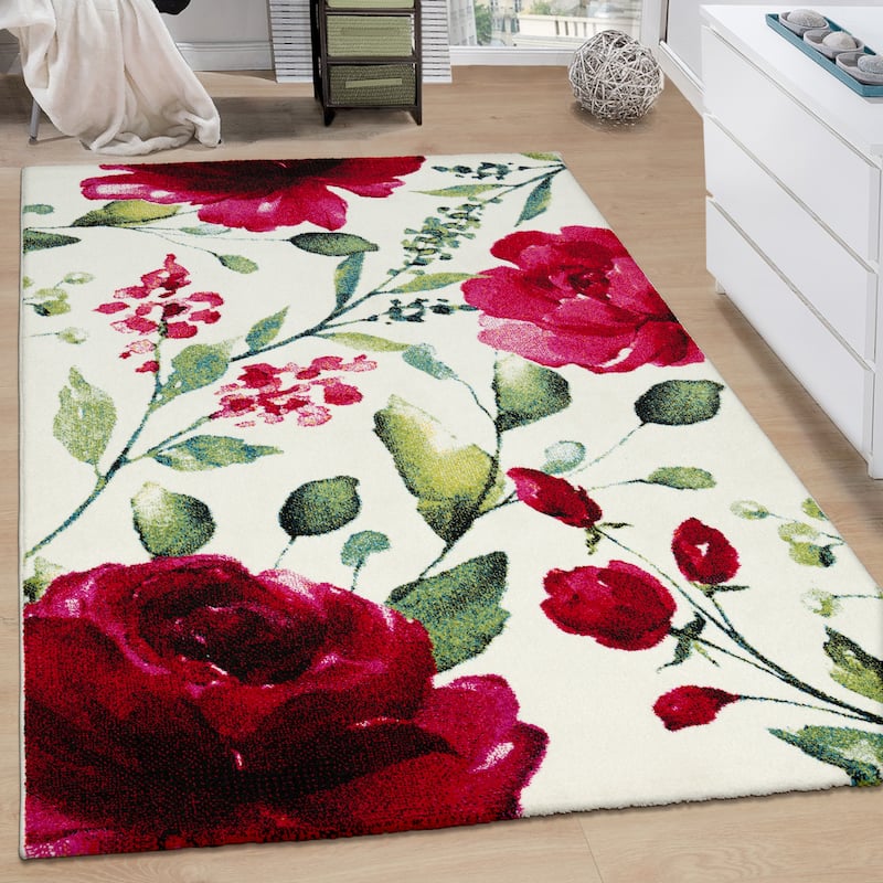 Artistic Area Rug Rose Motif in Watercolor Look