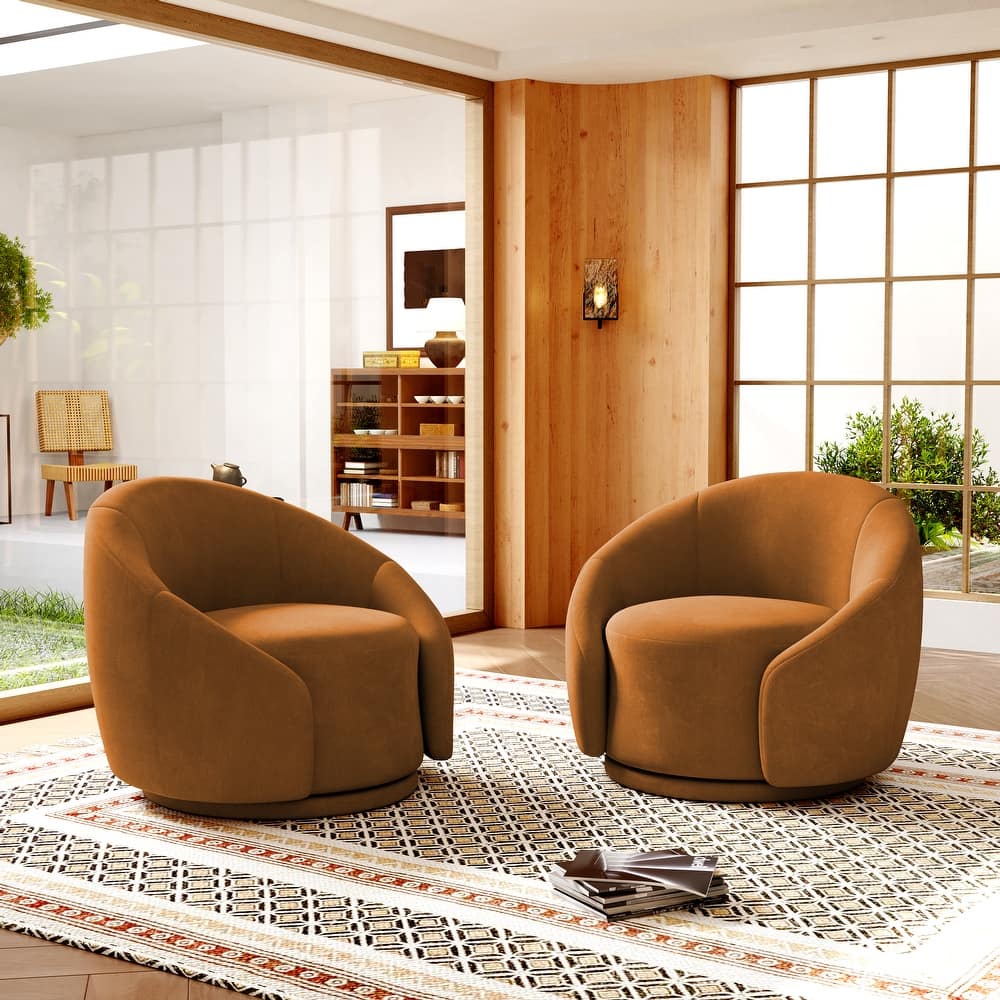 Boucle Barrel Chair Upholstered 360°Swivel Armchair Set of 2