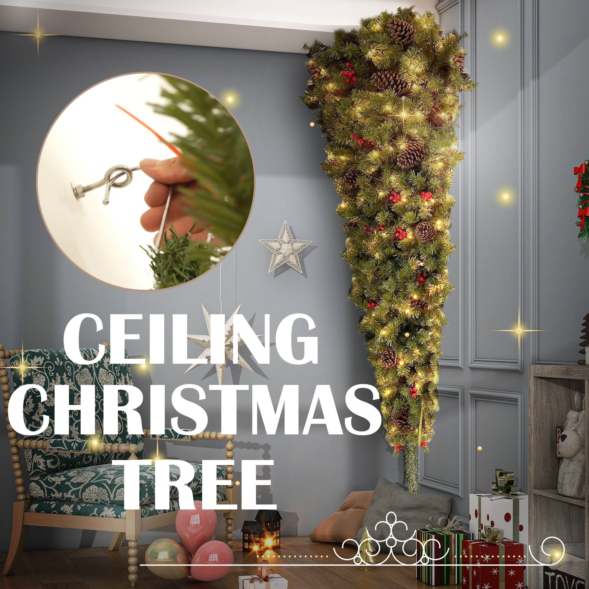 6ft Upside Down Hanging Quarter Tree, Christmas tree hanging from the