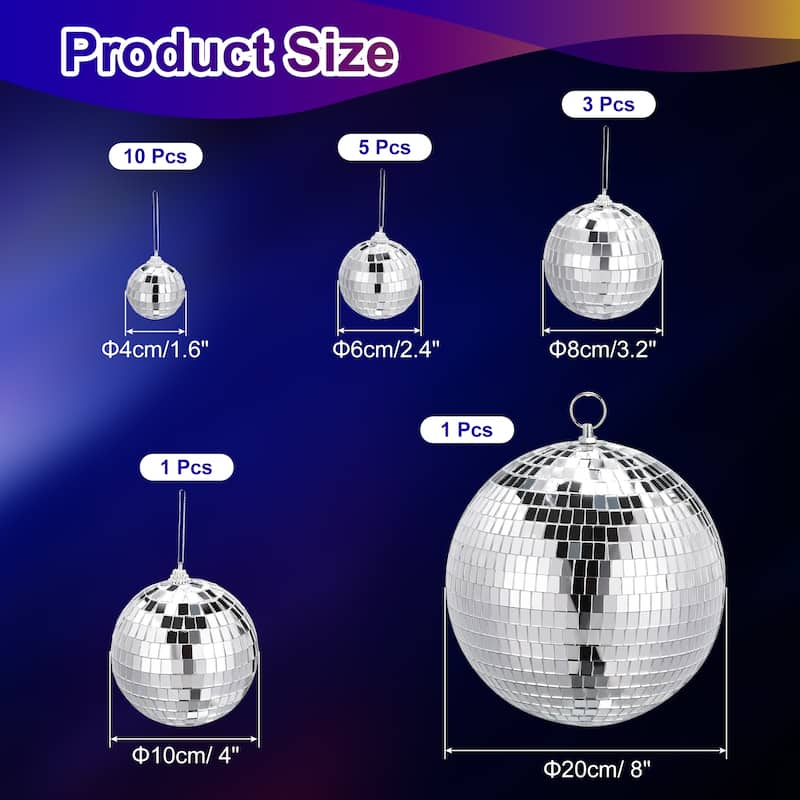 Mirror Ball, 1.6, 2.4, 3.2, 4, 8 Inch Reflective Balls Silver Tone 1 Set - Silver Tone - Silver Tone