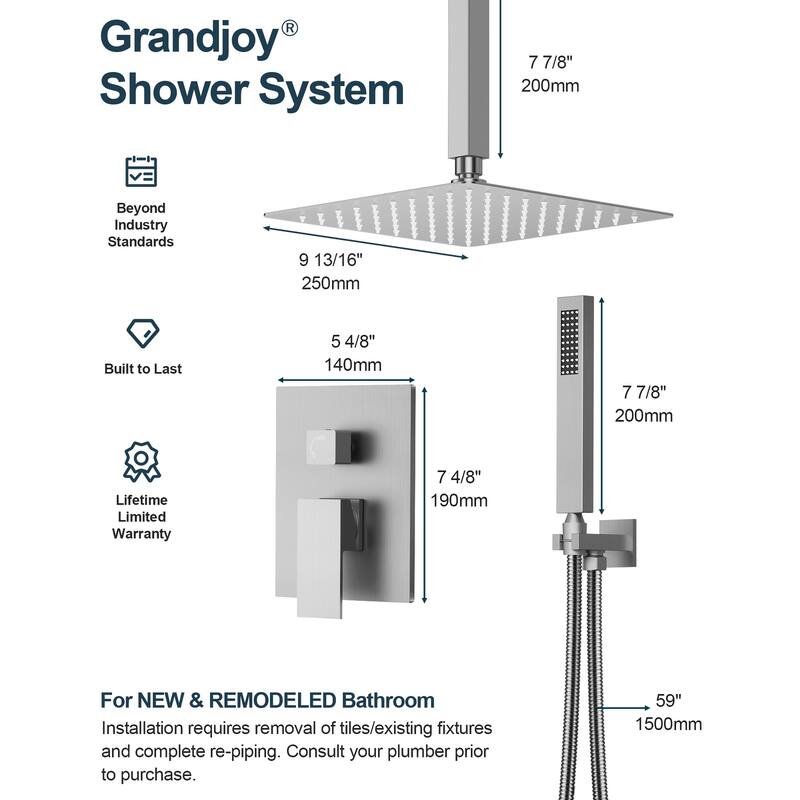 GRANDJOY 10" Rainfall Showerhead Bathroom Shower System Shower Faucets with Anti-Scald Valve
