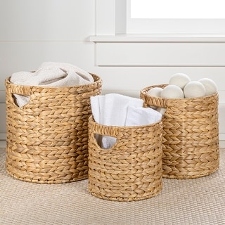 Handwoven Hyacinth Cylinder Nesting Baskets with Handles (Set 3)