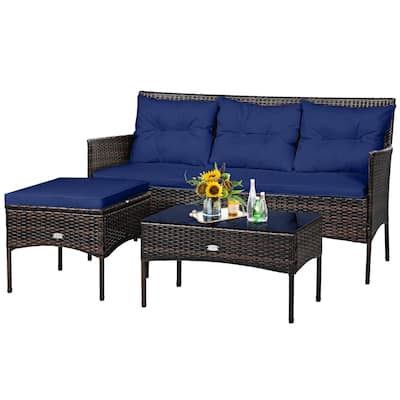 Gymax Set of 3 3-Seat Sofa Cushioned Table Rattan Furniture Set Garden