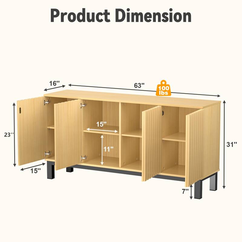 Meyreso 63 Inch Fluted Buffet Cabinet with Shelves & 4 Doors