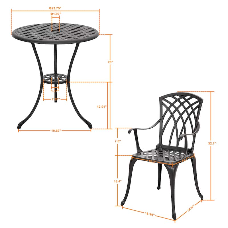 3-Piece Outdoor Patio Bistro Set,24 Inch Cast Aluminum Bistro Table with Umbrella Hole and 2 Bistro Chairs