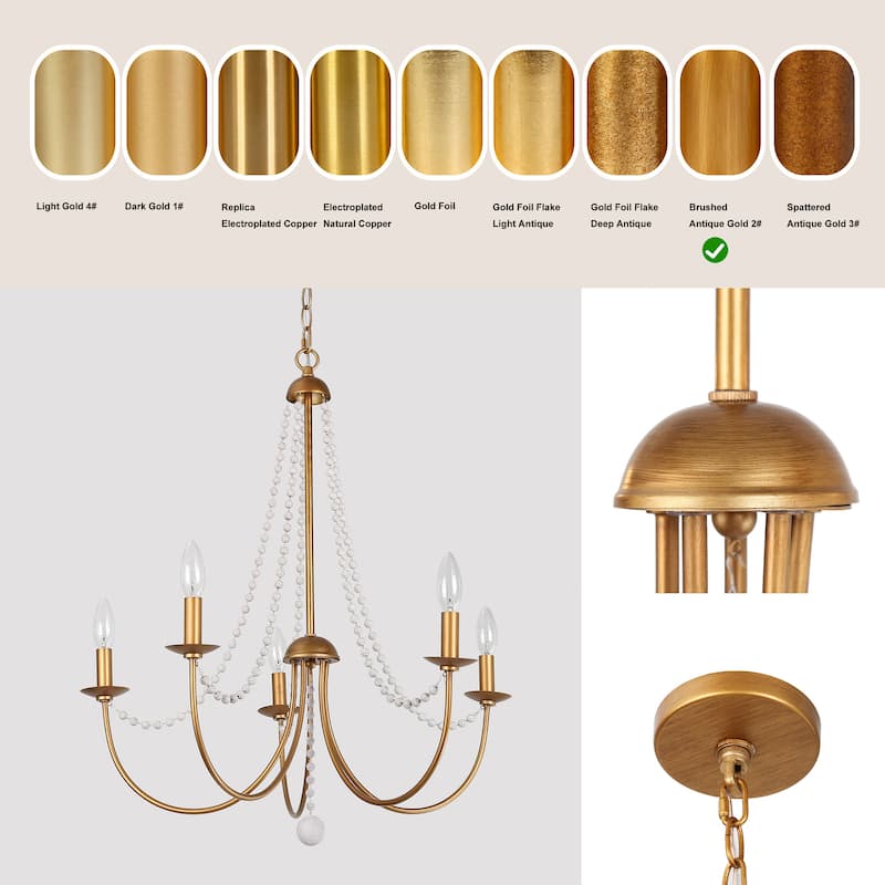 Alisar Mid-century Modern 5-Light Chandelier Swing Arms French Country Wood Beads Pendant Lights for Dining Room