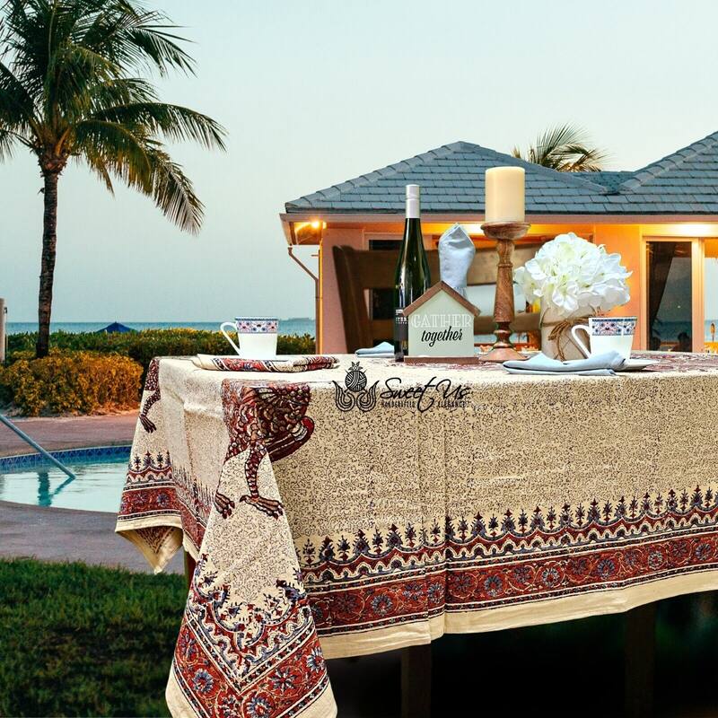 Block Print Veggie Dye Peacock Paradise Paisley Tablecloth Collection