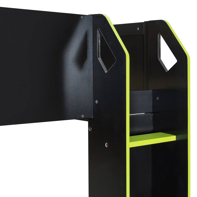 Full Size Gaming Loft Bed with RGB Lights, Wooden High Loft Bed Frame with Adjustable Desk, Hanging Rod and Storage