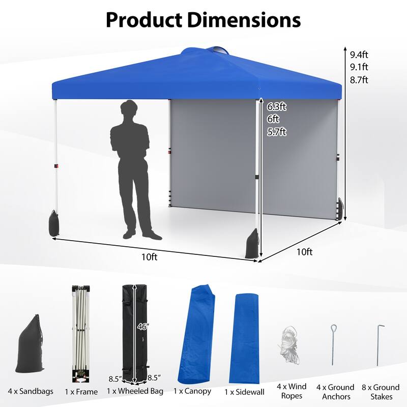 10x10 FT Pop Up Canopy Tent with Sidewall and Wheels for Outdoor
