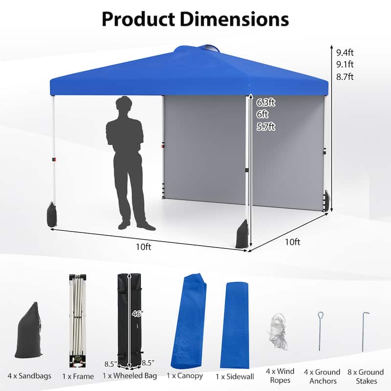 Gymax 10 X 10 FT Pop up Canopy Tent w/ 1 Sidewall Wheeled Bag 8 Stakes