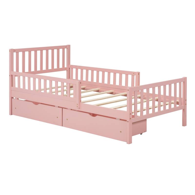 Pink Twin Size Wooden Platform Bed with Guardrails on Both Sides and Two Storage Drawers