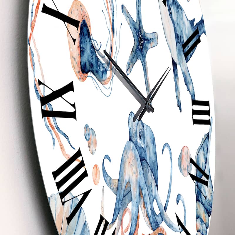 Designart 'Blue Ocean Fish Medusa Whale Seahorse Octopus' Nautical & Coastal wall clock