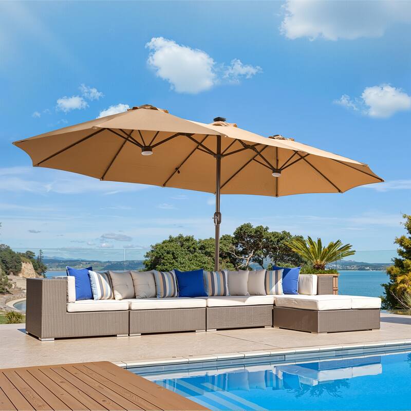 XIZZI Outdoor Patio Umbrella with Solar LED Lights and Base - Beige - Warm Light