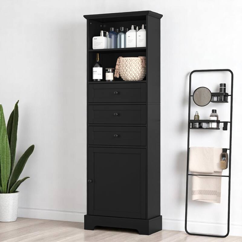 Tall Storage Cabinet with 3 Drawers & Adjustable Shelves, Freestanding MDF Organizer for Bathroom or Office - Black