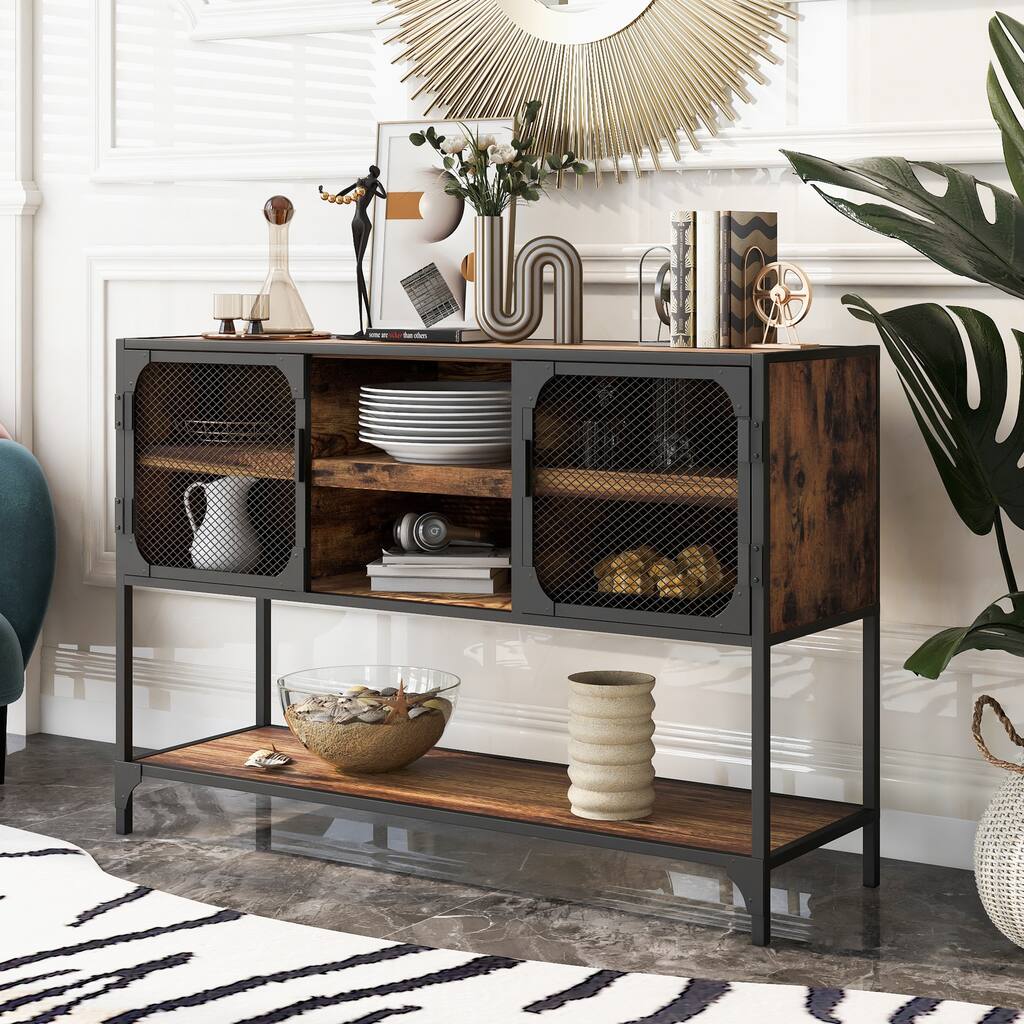 Industrial Console Table , with Metal Grid Door and 3 Thicken Shelves