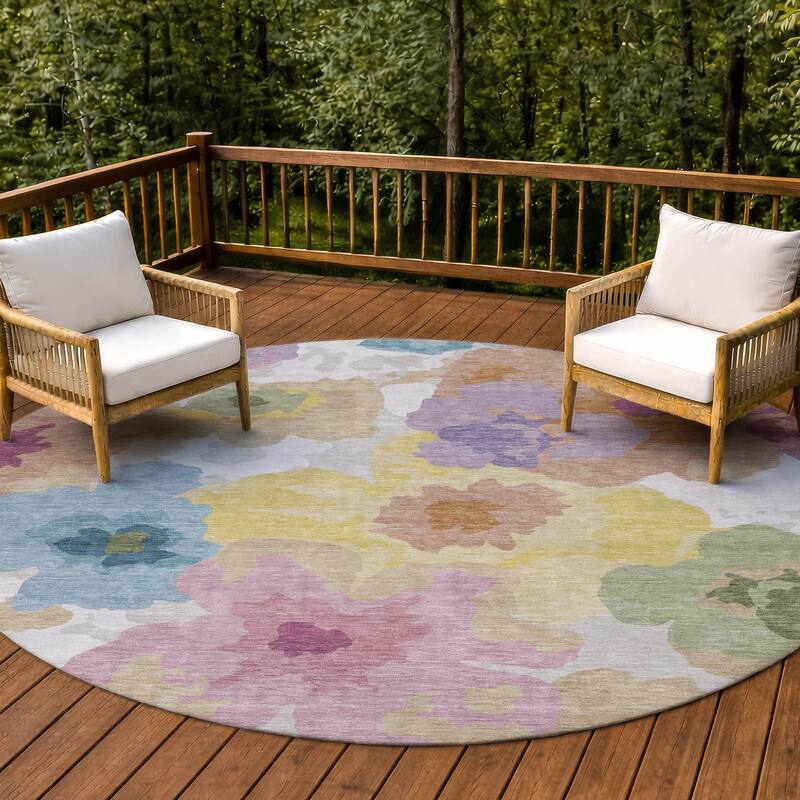 Machine Washable Indoor/ Outdoor Floral Bonnet Chantille Rug - Beige - 8' x 8'