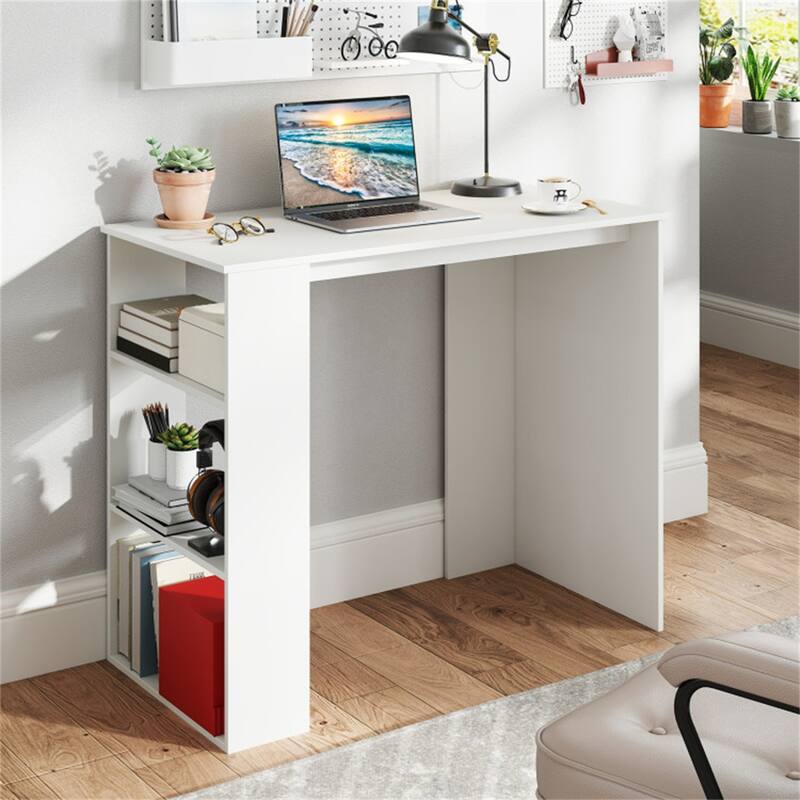 White Engineered Wood Computer Desk with Side Bookshelf Modern Minimalist